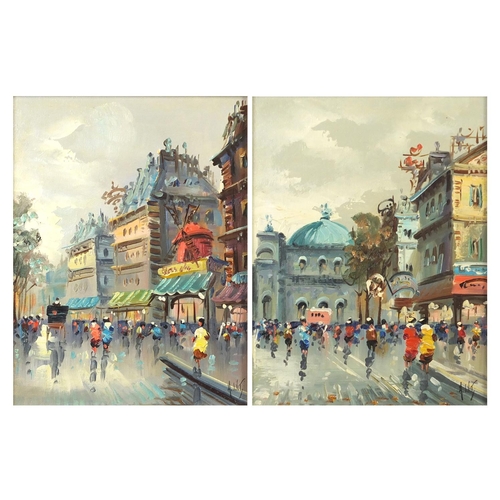 70 - Parisian street scenes, pair of oil on canvasses, each framed, 25cm x 19.5cm