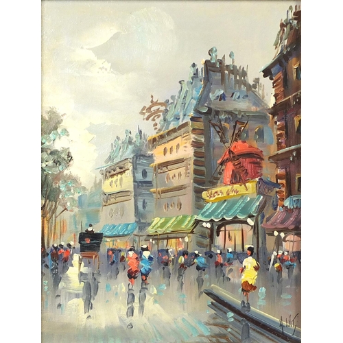 70 - Parisian street scenes, pair of oil on canvasses, each framed, 25cm x 19.5cm