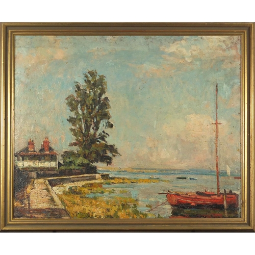 38 - Moored boat beside a shack, French school oil on board, bearing and indistinct signature, 59cm x 48.... 