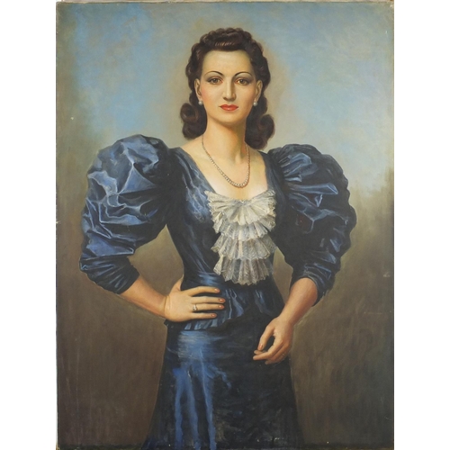 950 - Kyril Vassilev - Top half portrait of a female wearing a blue dress, oil on canvas, unframed, 119.5c... 