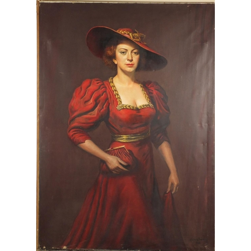 951 - Kryil Vassilev 1936 - Top half portrait of a female wearing a red dress, oil on canvas, unframed, 14... 