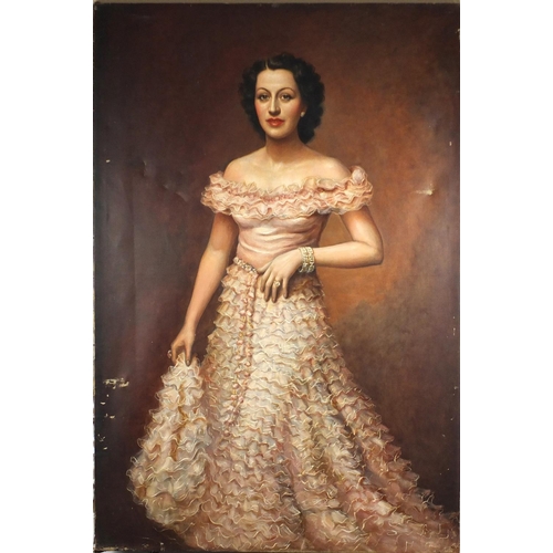 952 - Kyril Vassilev - Top half portrait of a female wearing a long dress, oil on canvas, unframed, 152cm ... 