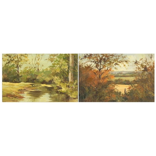 975 - Alberta Sewell - Landscape and river through woodland, pair of oil on boards, Royal Institute of Oil... 