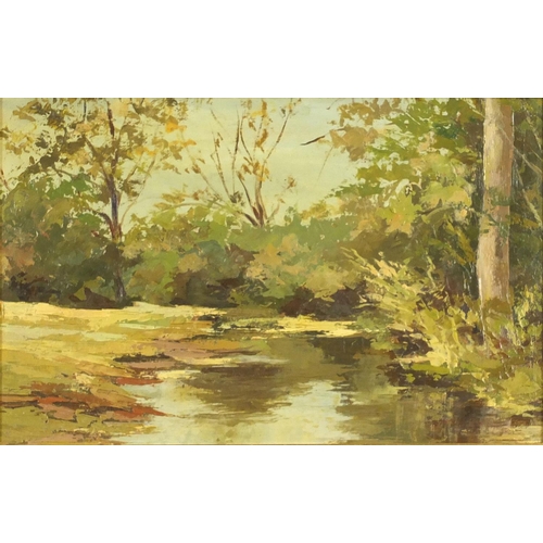 975 - Alberta Sewell - Landscape and river through woodland, pair of oil on boards, Royal Institute of Oil... 