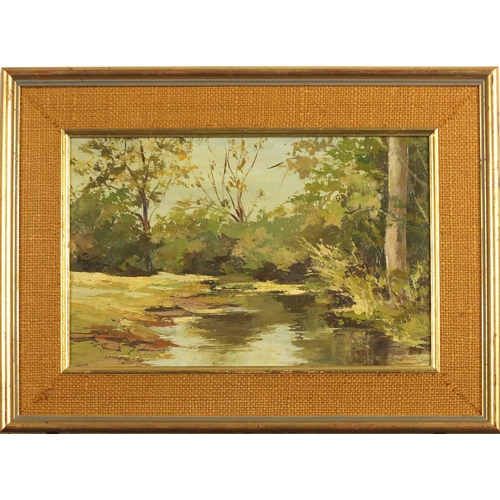 975 - Alberta Sewell - Landscape and river through woodland, pair of oil on boards, Royal Institute of Oil... 