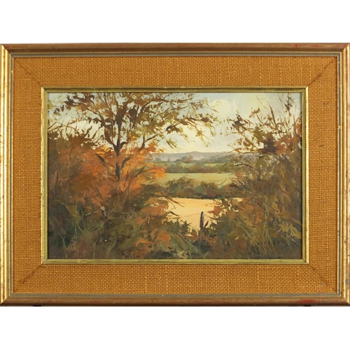 975 - Alberta Sewell - Landscape and river through woodland, pair of oil on boards, Royal Institute of Oil... 