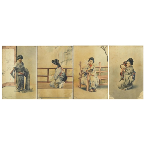 962 - Miss Masu - Geisha girls, set of four Japanese watercolours, framed, each 46cm x 30cm