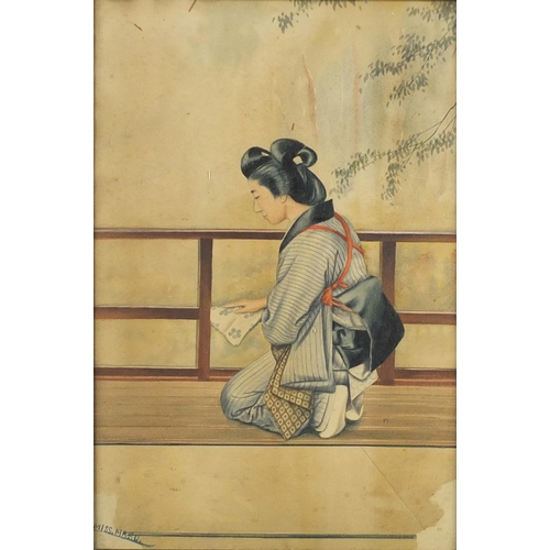 962 - Miss Masu - Geisha girls, set of four Japanese watercolours, framed, each 46cm x 30cm