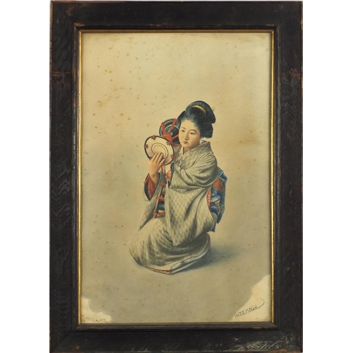 962 - Miss Masu - Geisha girls, set of four Japanese watercolours, framed, each 46cm x 30cm