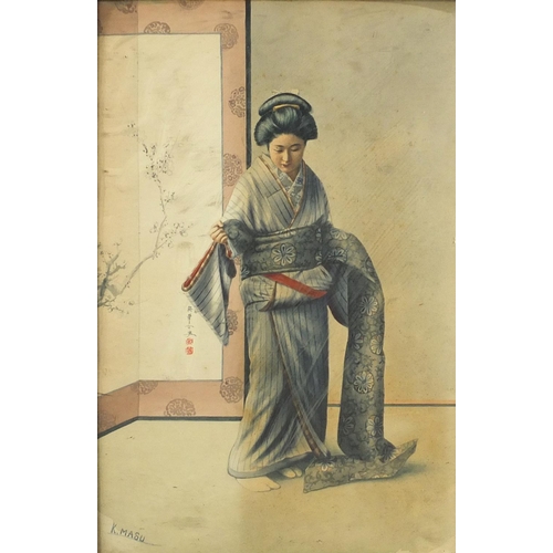 962 - Miss Masu - Geisha girls, set of four Japanese watercolours, framed, each 46cm x 30cm