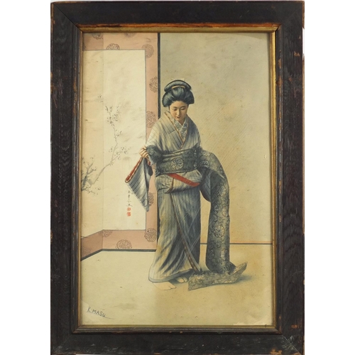 962 - Miss Masu - Geisha girls, set of four Japanese watercolours, framed, each 46cm x 30cm