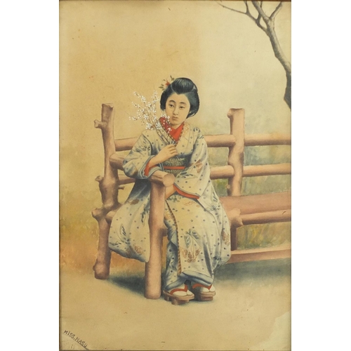 962 - Miss Masu - Geisha girls, set of four Japanese watercolours, framed, each 46cm x 30cm