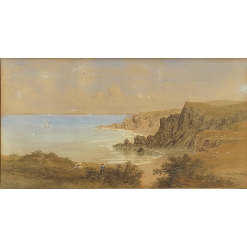 948 - G L Hall, 1861 - Father and children on a hill, looking out to sea, Victorian heightened watercolour... 