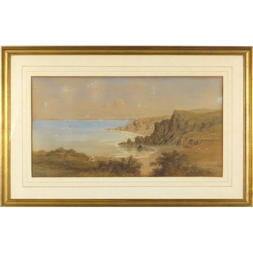 948 - G L Hall, 1861 - Father and children on a hill, looking out to sea, Victorian heightened watercolour... 