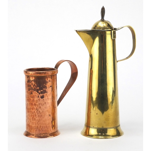 593 - Jan Eisenloeffel brass chocolate jug and a Danish Arts & Crafts copper measurer, the largest 23cm hi... 