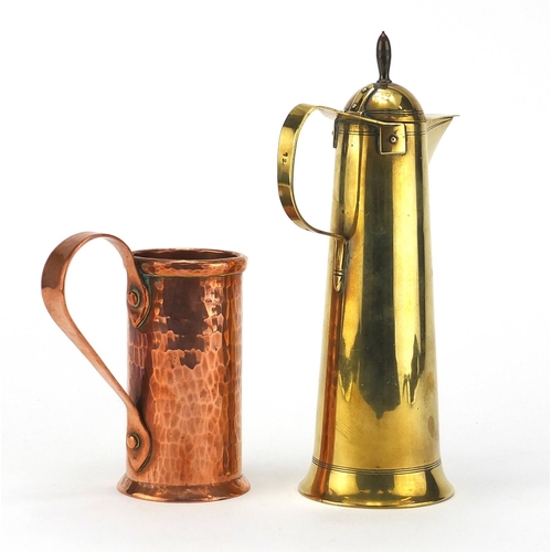 593 - Jan Eisenloeffel brass chocolate jug and a Danish Arts & Crafts copper measurer, the largest 23cm hi... 