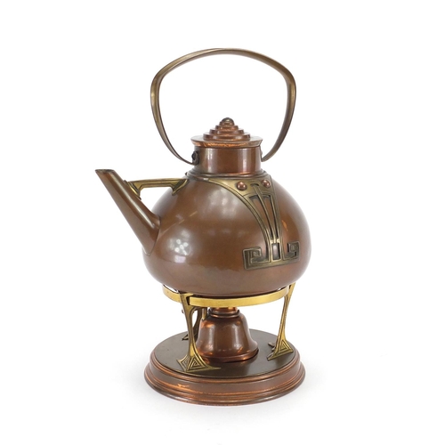 590 - Austrian Arts & Crafts secessionist copper and brass kettle on stand with burner, 32cm high