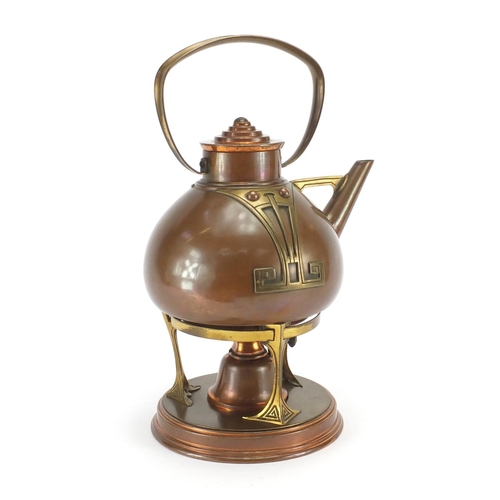 590 - Austrian Arts & Crafts secessionist copper and brass kettle on stand with burner, 32cm high