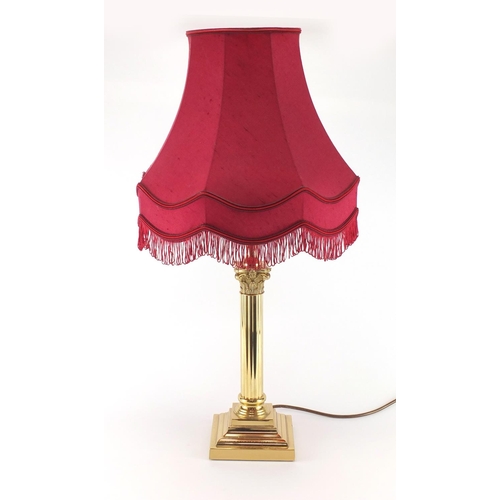 2081 - Brass corinthian column table lamp with shade, overall 69cm high