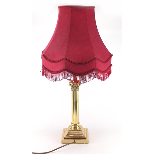 2081 - Brass corinthian column table lamp with shade, overall 69cm high