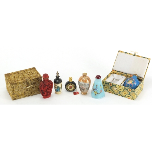 2505 - Five Oriental snuff bottles and one other including an one internally hand painted with river landsc... 