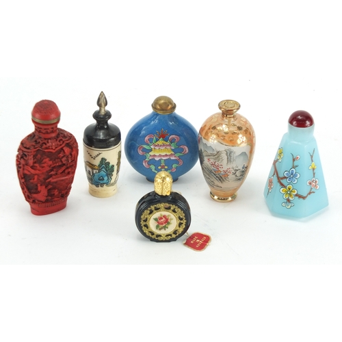 2505 - Five Oriental snuff bottles and one other including an one internally hand painted with river landsc... 