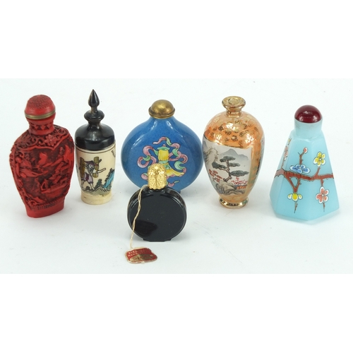 2505 - Five Oriental snuff bottles and one other including an one internally hand painted with river landsc... 