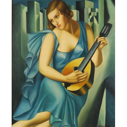 2090 - Manner of Tamara de Lempicka - Art Deco female playing an instrument before buildings, oil on canvas... 