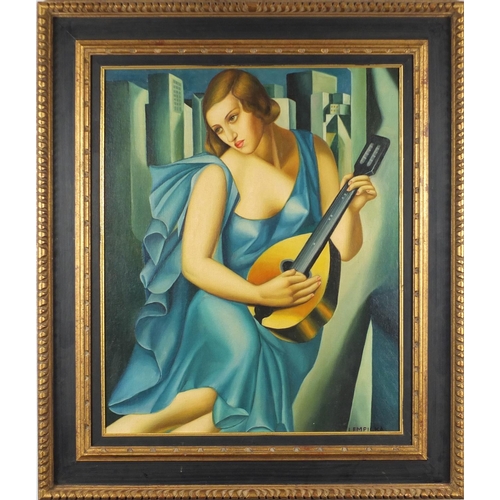 2090 - Manner of Tamara de Lempicka - Art Deco female playing an instrument before buildings, oil on canvas... 