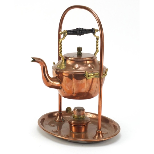 591 - Arts & Crafts copper and brass teapot on stand with burner by Henry Loveridge, 37cm high