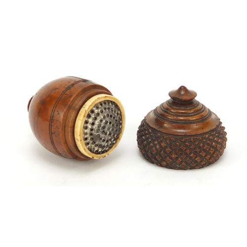 127 - Early 19th century Treen nutmeg grater in the form of an acorn, 8cm high