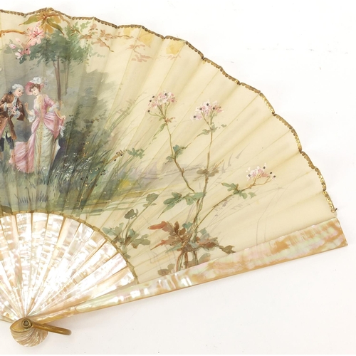 31 - 19th century Silk Brise fan with mother of pearl guards, hand painted with a courting couple in a la... 