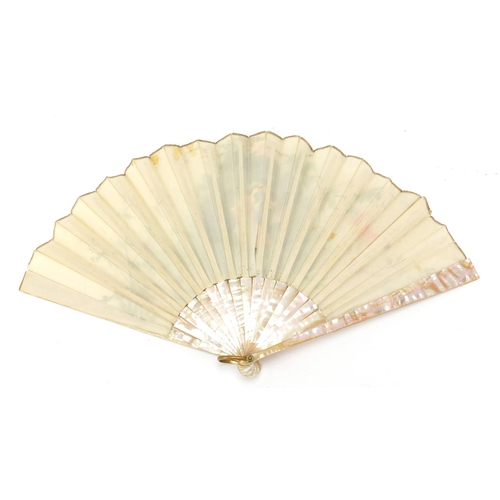 31 - 19th century Silk Brise fan with mother of pearl guards, hand painted with a courting couple in a la... 