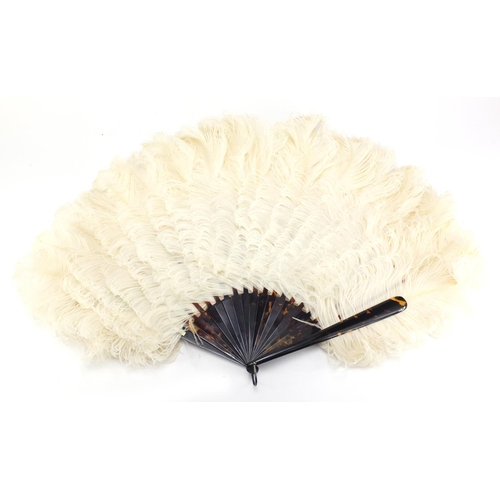 30 - 19th century tortoiseshell and ostrich feather brise fan housed in a J Duvelleroy box, 53cm in lengt... 