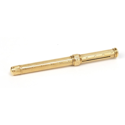 117 - S Mordan & Co unmarked gold propelling pencil with engine turned body, 8cm in length when closed, 12... 