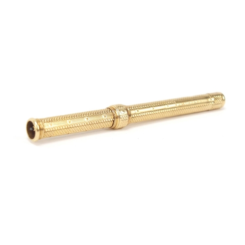 117 - S Mordan & Co unmarked gold propelling pencil with engine turned body, 8cm in length when closed, 12... 