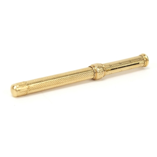 117 - S Mordan & Co unmarked gold propelling pencil with engine turned body, 8cm in length when closed, 12... 