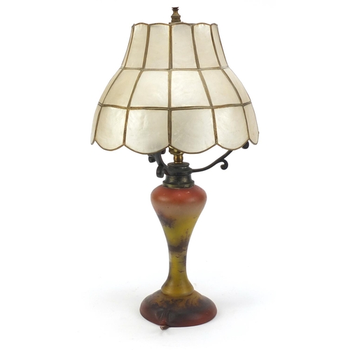 572 - Art Nouveau hand painted glass table lamp by Jean Simon Peynaud with mother of pearl shell shade, 49... 