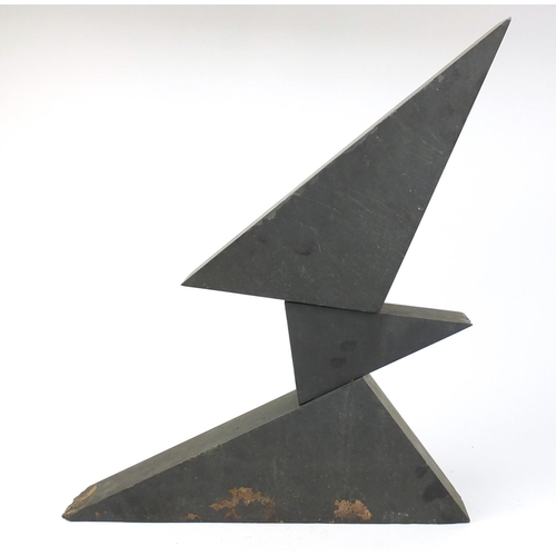 574 - 1970's carved black slate three piece sculpture by Victor Anton, 61cm high (PROVENANCE: Given direct... 