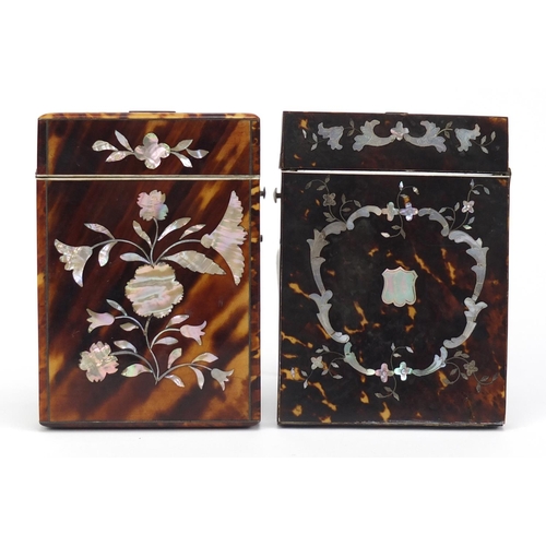 27 - Two Victorian tortoiseshell and abalone calling card cases decorated with flowers, the largest 10.5c... 