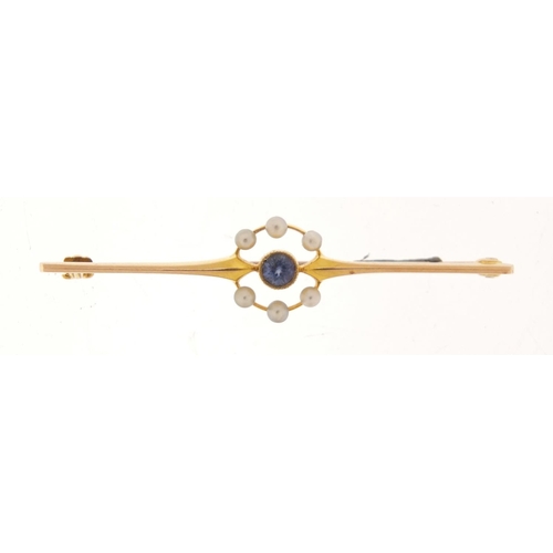 769 - Art Deco 15ct gold sapphire and seed pearl bar brooch, housed in a fitted tooled leather box, 5.2cm ... 