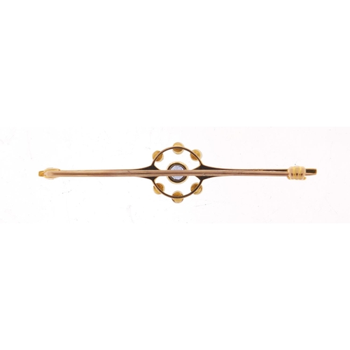 769 - Art Deco 15ct gold sapphire and seed pearl bar brooch, housed in a fitted tooled leather box, 5.2cm ... 