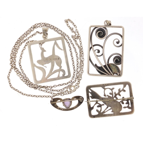 757 - Three Danish silver pendants and brooches and an Art Nouveau amethyst brooch by Charles Horner, the ... 