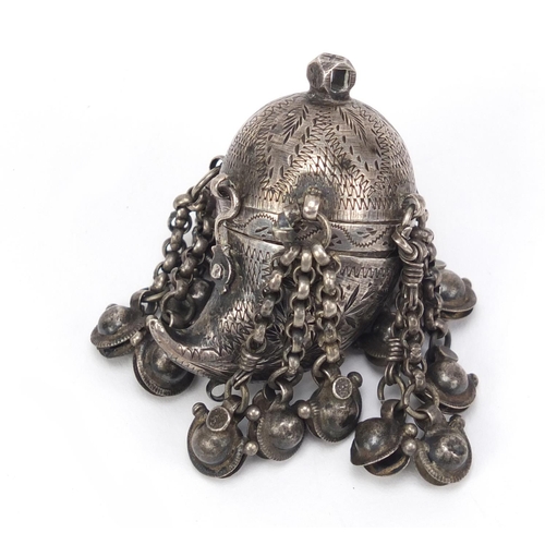 772 - Persian unmarked silver poison three section pendant, 4cm in length 31.2g