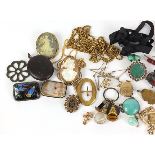 785 - Mostly antique jewellery including silver Scottish hard stone brooches, vulcanite locket, cameo broo... 