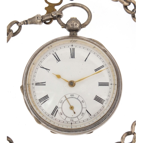 818 - Gentleman's silver Carisbrooke open face pocket watch on a silver watch chain, the movement numbered... 