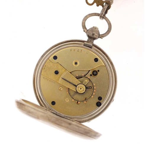 818 - Gentleman's silver Carisbrooke open face pocket watch on a silver watch chain, the movement numbered... 