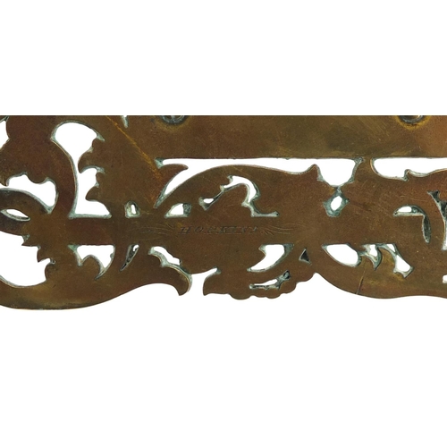 104 - Victorian brass four section frame by Hopkins, finely engraved with flowers, 22.5cm wide