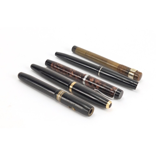 2499 - Five fountain pens including Parker Duofold and Waterman's, one with 14K gold nib