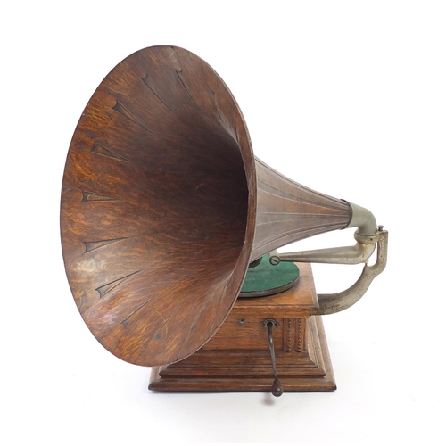 53 - Vintage His Master's Voice oak wind up gramophone with oak horn